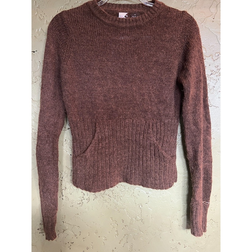 ONeill Womens 90s Brown Knit Wool Blend Sweater Kangaroo Pocket Elbow Patch Sz M